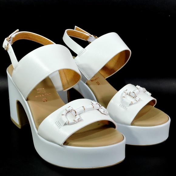 SPACE MODA BY REPO 🇮🇹 WOMEN\'S WHITE SOFT LEATHER COMFORT SUMMER HEEL SANDALS